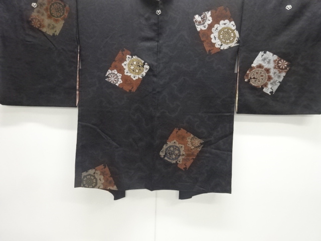 JAPANESE ANTIQUE HAORI / TAISHO ROMAN STYLE / URUSHI / WOVEN FLORAL CREST